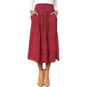 imageFlygo Womens Polka Dot Mid Length Pleated Skirt High Waisted Swing Skirts with PocketsRed