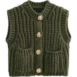 imageFlygo Womens Sleeveless Crop Chunky Knit Cardigan Trendy Button Down Cropped Knitted Sweater Vest Tops with PocketsArmy Green