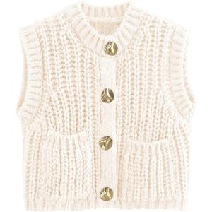 imageFlygo Womens Sleeveless Crop Chunky Knit Cardigan Trendy Button Down Cropped Knitted Sweater Vest Tops with PocketsBeige