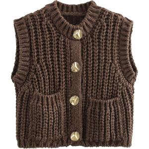 imageFlygo Womens Sleeveless Crop Chunky Knit Cardigan Trendy Button Down Cropped Knitted Sweater Vest Tops with PocketsCoffee