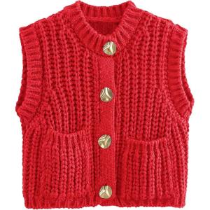 imageFlygo Womens Sleeveless Crop Chunky Knit Cardigan Trendy Button Down Cropped Knitted Sweater Vest Tops with PocketsRed