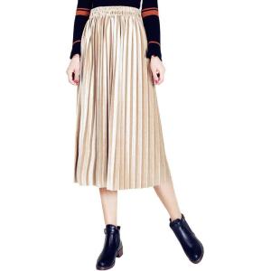 imageFlygo Womens Vintage High Waisted Pleated Velvet Midi SkirtApricot