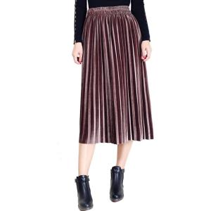 imageFlygo Womens Vintage High Waisted Pleated Velvet Midi SkirtCoffee