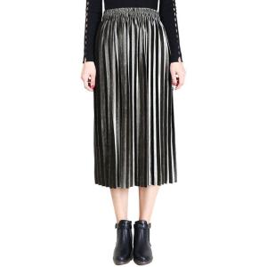 imageFlygo Womens Vintage High Waisted Pleated Velvet Midi SkirtGreen