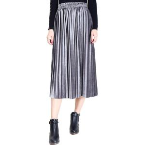 imageFlygo Womens Vintage High Waisted Pleated Velvet Midi SkirtGrey