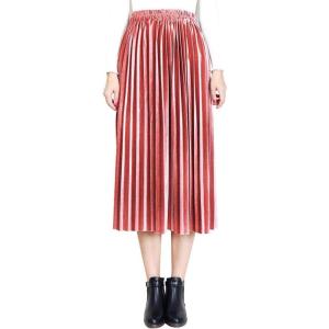 imageFlygo Womens Vintage High Waisted Pleated Velvet Midi SkirtPink