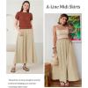 imageFlygo Womens ALine Midi Skirt Flowy Pleated High Elastic Waist Casual Swing Cotton Long Skirt with PocketKhakiXL