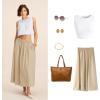 imageFlygo Womens ALine Midi Skirt Flowy Pleated High Elastic Waist Casual Swing Cotton Long Skirt with PocketKhakiXL