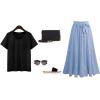 imageFlygo Womens Casual Elastic Waist ALine Midi Flare Swing Skirt with BeltBlue