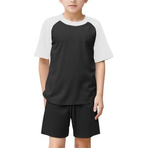 imageFlygo Boys Girls Short Pants Sets 2 Piece Raglan Crewneck Shirts Baseball Tee and Athletic Shorts Kids Active Summer OutfitsBlack