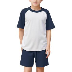 imageFlygo Boys Girls Short Pants Sets 2 Piece Raglan Crewneck Shirts Baseball Tee and Athletic Shorts Kids Active Summer OutfitsNavy