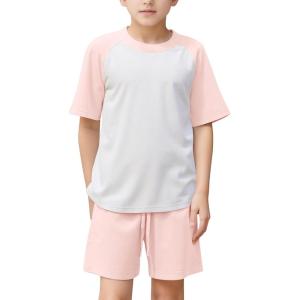imageFlygo Boys Girls Short Pants Sets 2 Piece Raglan Crewneck Shirts Baseball Tee and Athletic Shorts Kids Active Summer OutfitsPink