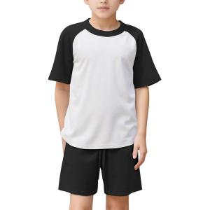 imageFlygo Boys Girls Short Pants Sets 2 Piece Raglan Crewneck Shirts Baseball Tee and Athletic Shorts Kids Active Summer OutfitsWhite