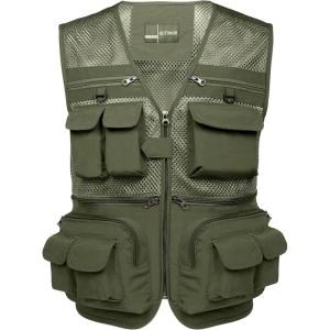 imageFlygo Mens Fishing Vest Utility Lightweight Outdoor Travel Safari Photo Cargo Vest with 16 PocketsArmy Greenmesh