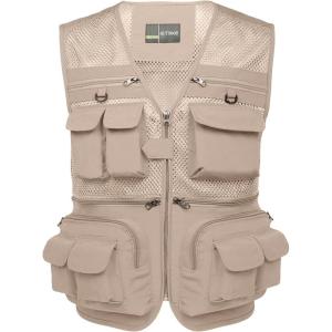 imageFlygo Mens Fishing Vest Utility Lightweight Outdoor Travel Safari Photo Cargo Vest with 16 PocketsBeigemesh
