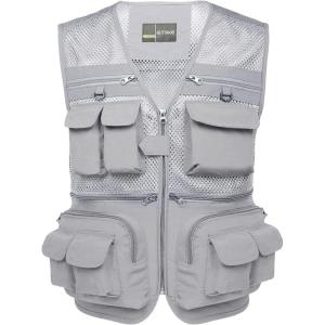 imageFlygo Mens Fishing Vest Utility Lightweight Outdoor Travel Safari Photo Cargo Vest with 16 PocketsGreymesh