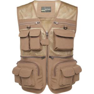 imageFlygo Mens Fishing Vest Utility Lightweight Outdoor Travel Safari Photo Cargo Vest with 16 PocketsKhakimesh