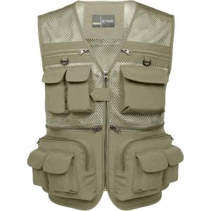 imageFlygo Mens Fishing Vest Utility Lightweight Outdoor Travel Safari Photo Cargo Vest with 16 PocketsLight Khakimesh