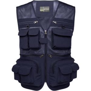 imageFlygo Mens Fishing Vest Utility Lightweight Outdoor Travel Safari Photo Cargo Vest with 16 PocketsNavy Bluemesh