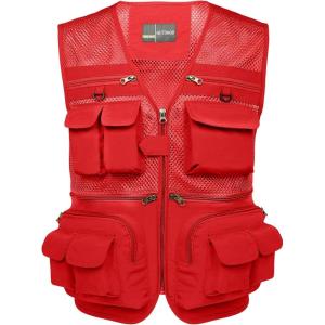 imageFlygo Mens Fishing Vest Utility Lightweight Outdoor Travel Safari Photo Cargo Vest with 16 PocketsRedmesh