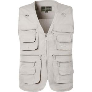 imageFlygo Mens Fishing Vest Utility Lightweight Outdoor Travel Safari Photo Cargo Vest with 16 PocketsStyle 01 Beige