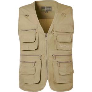 imageFlygo Mens Fishing Vest Utility Lightweight Outdoor Travel Safari Photo Cargo Vest with 16 PocketsStyle 01 Khaki