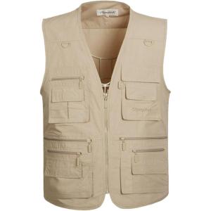 imageFlygo Mens Fishing Vest Utility Lightweight Outdoor Travel Safari Photo Cargo Vest with 16 PocketsStyle 01 Light Khaki