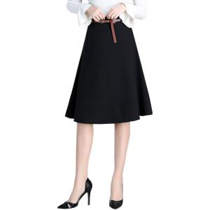 imageFlygo Womens ALine High Waisted Pleated Flared Knee Length Midi Skirt with BeltBlack