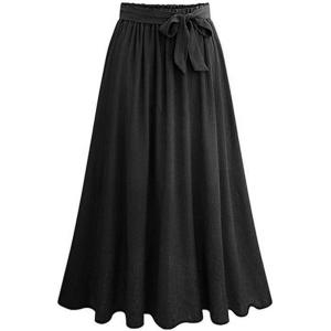 imageFlygo Womens Casual Elastic Waist ALine Midi Flare Swing Skirt with BeltBlack