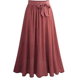 imageFlygo Womens Casual Elastic Waist ALine Midi Flare Swing Skirt with BeltWine Red