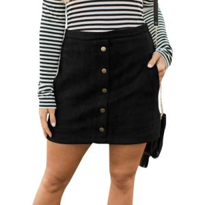 imageFlygo Womens High Waist Button Front Faux Suede ALine Mini SkirtBlack