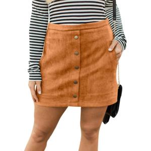 imageFlygo Womens High Waist Button Front Faux Suede ALine Mini SkirtKhaki