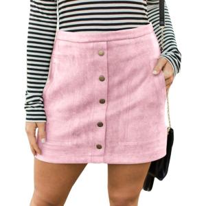 imageFlygo Womens High Waist Button Front Faux Suede ALine Mini SkirtPink
