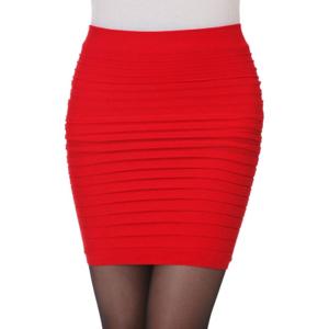 imageFlygo Womens Ruched Stretchy Pencil Skirt Bodycon Above Knee Mini SkirtsRed