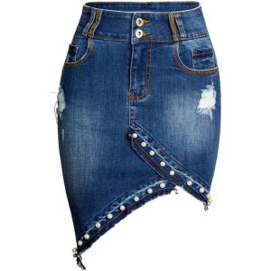 imageFlygo Womens Summer Irregular Pearl Stretch High Waist Bodycon Denim SkirtDark Blue