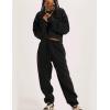 imageFlygo Women Sweat Set Sweatsuit Fleece 2 Piece Joggers Tracksuit Outfits Crop Sweatshirt Sweatpants SetsBlack