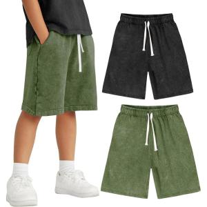 imageFlygo 2 Pack Boys Girls Cotton Shorts Acid Washed Active Pull On Jogger Shorts Kids Casual Athletic Loose Fit 514YBlackarmygreen