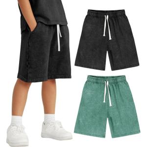 imageFlygo 2 Pack Boys Girls Cotton Shorts Acid Washed Active Pull On Jogger Shorts Kids Casual Athletic Loose Fit 514YBlackgreen