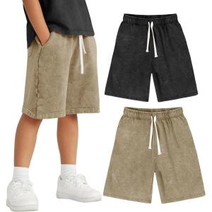 imageFlygo 2 Pack Boys Girls Cotton Shorts Acid Washed Active Pull On Jogger Shorts Kids Casual Athletic Loose Fit 514YBlackkhaki