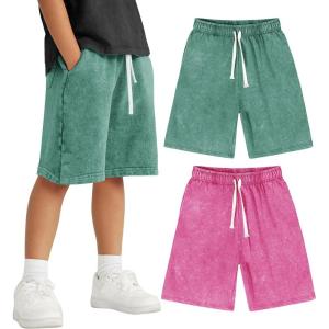 imageFlygo 2 Pack Boys Girls Cotton Shorts Acid Washed Active Pull On Jogger Shorts Kids Casual Athletic Loose Fit 514YGreenrose