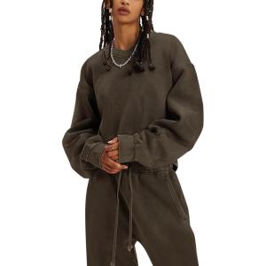 imageFlygo Women Sweat Set Sweatsuit Fleece 2 Piece Joggers Tracksuit Outfits Crop Sweatshirt Sweatpants SetsCoffee