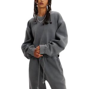 imageFlygo Women Sweat Set Sweatsuit Fleece 2 Piece Joggers Tracksuit Outfits Crop Sweatshirt Sweatpants SetsGrey