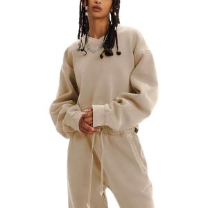 imageFlygo Women Sweat Set Sweatsuit Fleece 2 Piece Joggers Tracksuit Outfits Crop Sweatshirt Sweatpants SetsKhaki