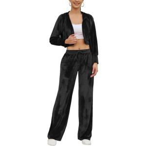 imageFlygo Womens 2 Piece Velour Sweatsuits Sexy Bodycon Outfits Zip Crop Tops Tracksuit Drawstring Flare Pants SetBlack