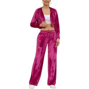imageFlygo Womens 2 Piece Velour Sweatsuits Sexy Bodycon Outfits Zip Crop Tops Tracksuit Drawstring Flare Pants SetRose
