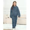 imageFlygo Girls Fuzzy Pants Set Crop Hoodie Bear Ear Two Piece Outfits Fluffy Sweatshirt and Fleece Pants SweatsuitNavy