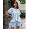 imageFlygo Womens Gingham Pajamas Set 2 Piece Cotton Pj Lounge Sets Puff Sleeve Ruffle Babydoll Shirt Shorts Summer OutfitsBlue