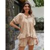 imageFlygo Womens Gingham Pajamas Set 2 Piece Cotton Pj Lounge Sets Puff Sleeve Ruffle Babydoll Shirt Shorts Summer OutfitsBrown