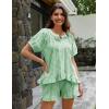 imageFlygo Womens Gingham Pajamas Set 2 Piece Cotton Pj Lounge Sets Puff Sleeve Ruffle Babydoll Shirt Shorts Summer OutfitsLight Green