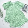 imageFlygo Womens Gingham Pajamas Set 2 Piece Cotton Pj Lounge Sets Puff Sleeve Ruffle Babydoll Shirt Shorts Summer OutfitsLight Green